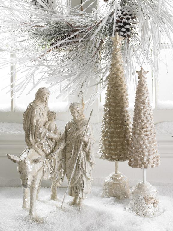 14 Inch White Glittered Joseph w/ Mary Riding Donkey Nativity