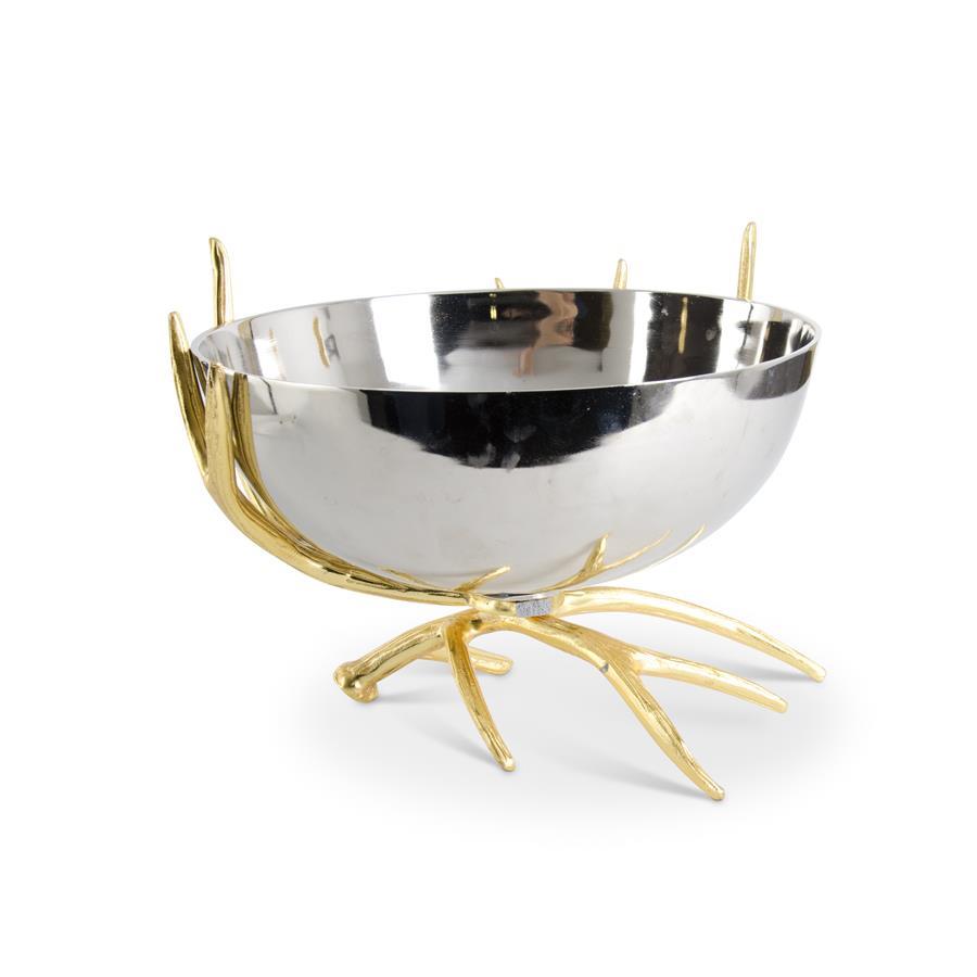 15.75 Inch Silver Metal Bowl w/Gold Antlers