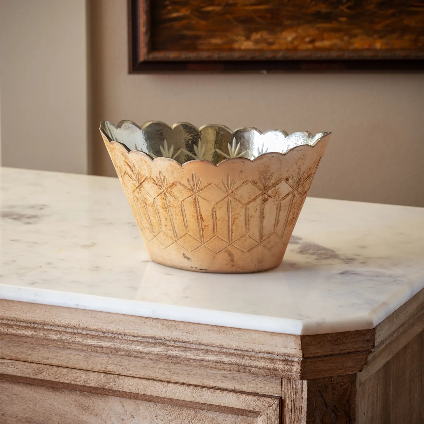 Antique Etched Glass Center Piece - Copper