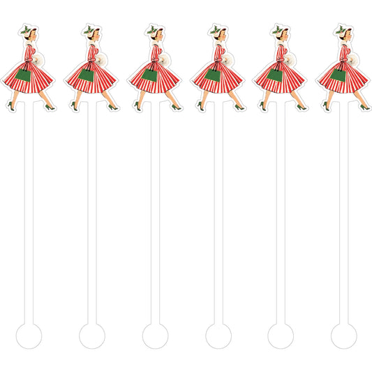 Christmas Walking Woman Cocktail Stick Stirrer S/6