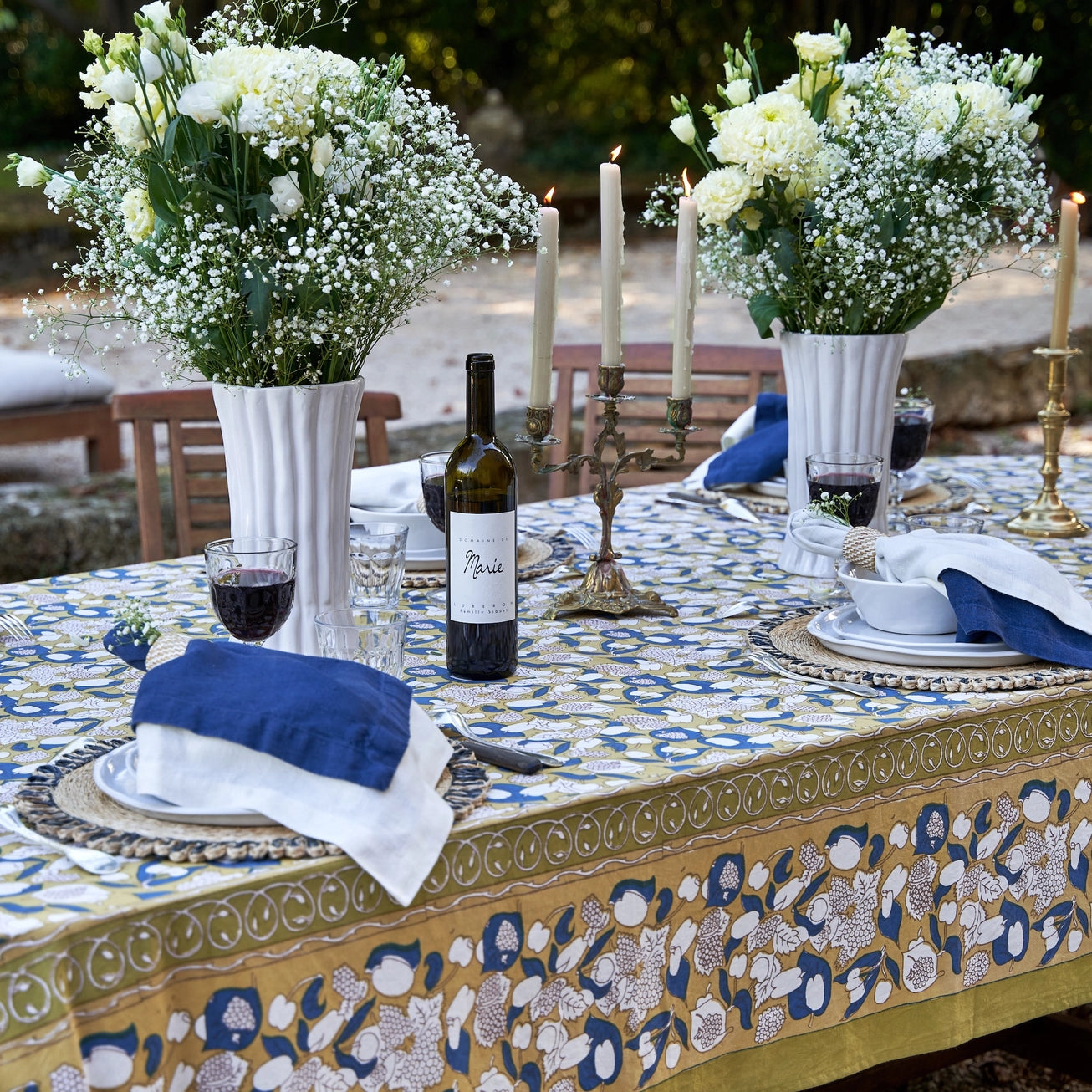 Forest Harvest Mustard & Blue French Tablecloth