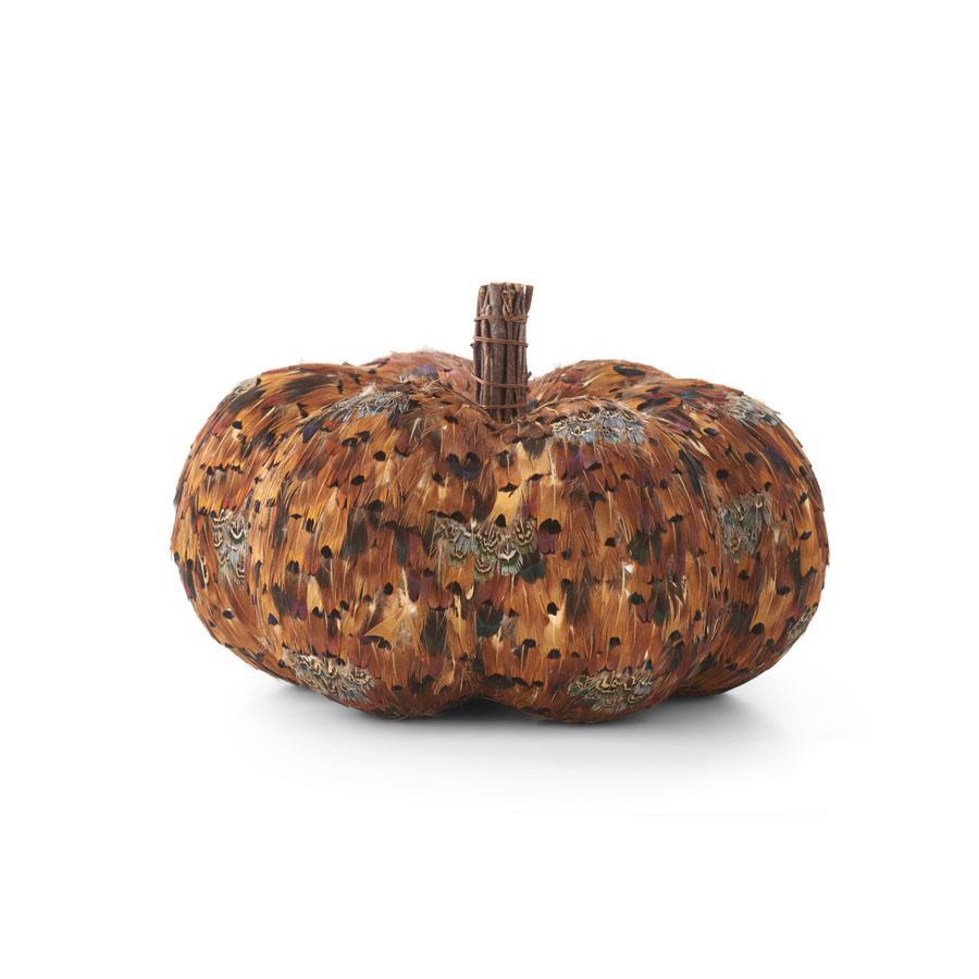 Orange & Brown Feather Pumpkin w/Twig Stem (3 sizes)