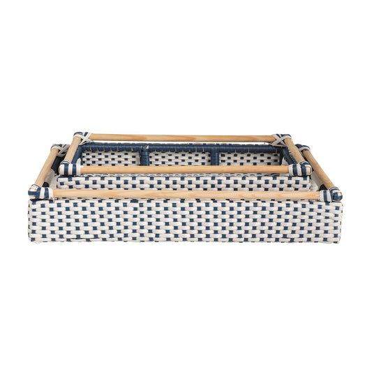 Rattan Handled Tray - Blue & White