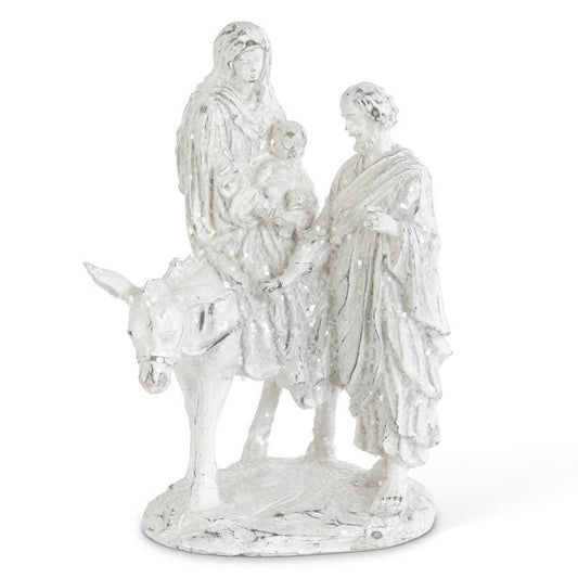 14 Inch White Glittered Joseph w/ Mary Riding Donkey Nativity