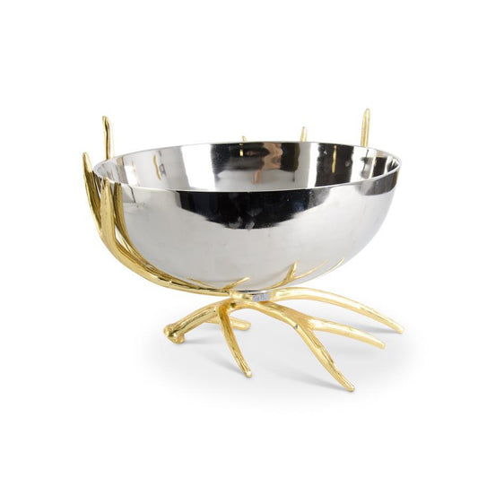 15.75 Inch Silver Metal Bowl w/Gold Antlers