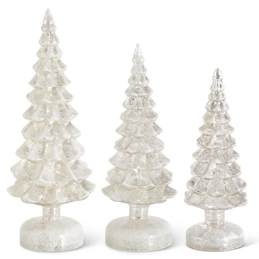 Silver LED Mercury Glass Trees on Pedestals w/Timers