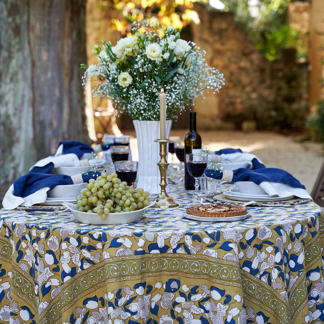 Forest Harvest Mustard & Blue French Tablecloth