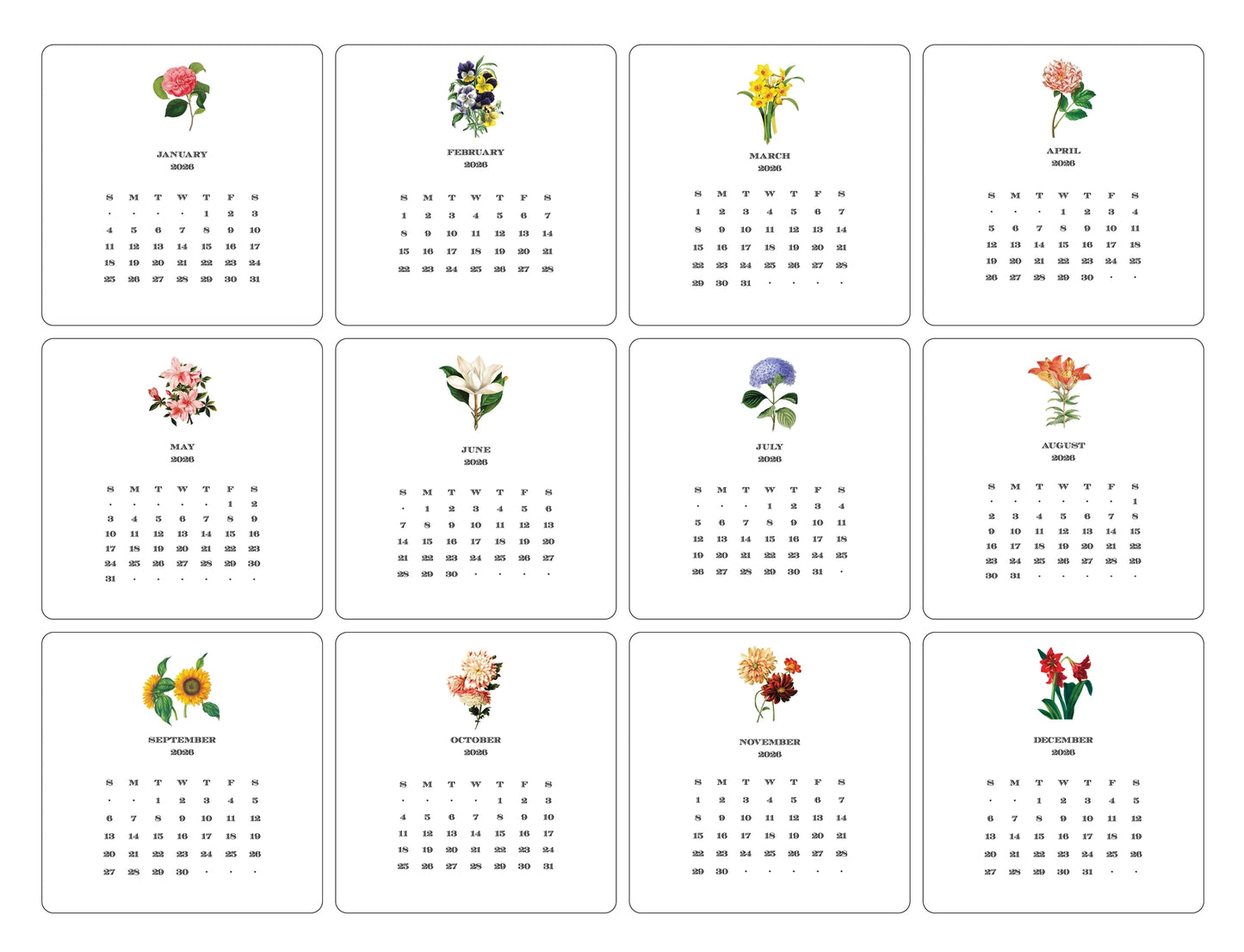 2026 Floral Calendar with Easel