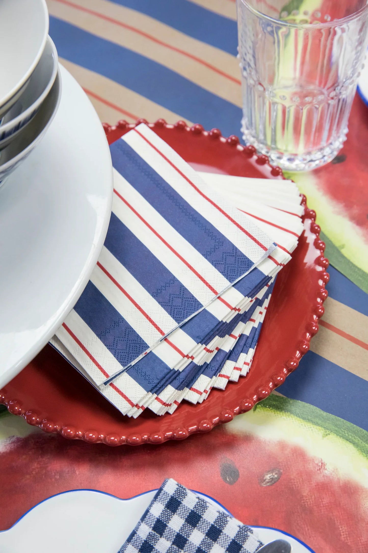 Navy & Red Awning Stripe Cocktail Napkin