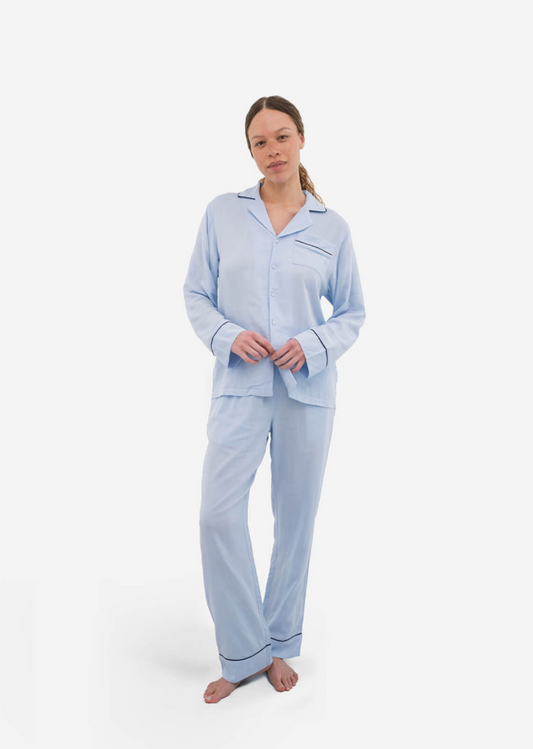 Long PJ Woven Cotton Set - Light Blue
