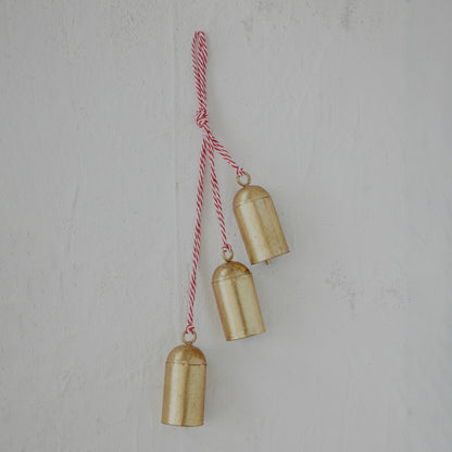 Gold Hanging Metal Bells with Red & White Cord