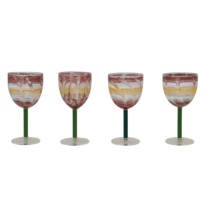 Hand Blown Wine Glass w Green Stem