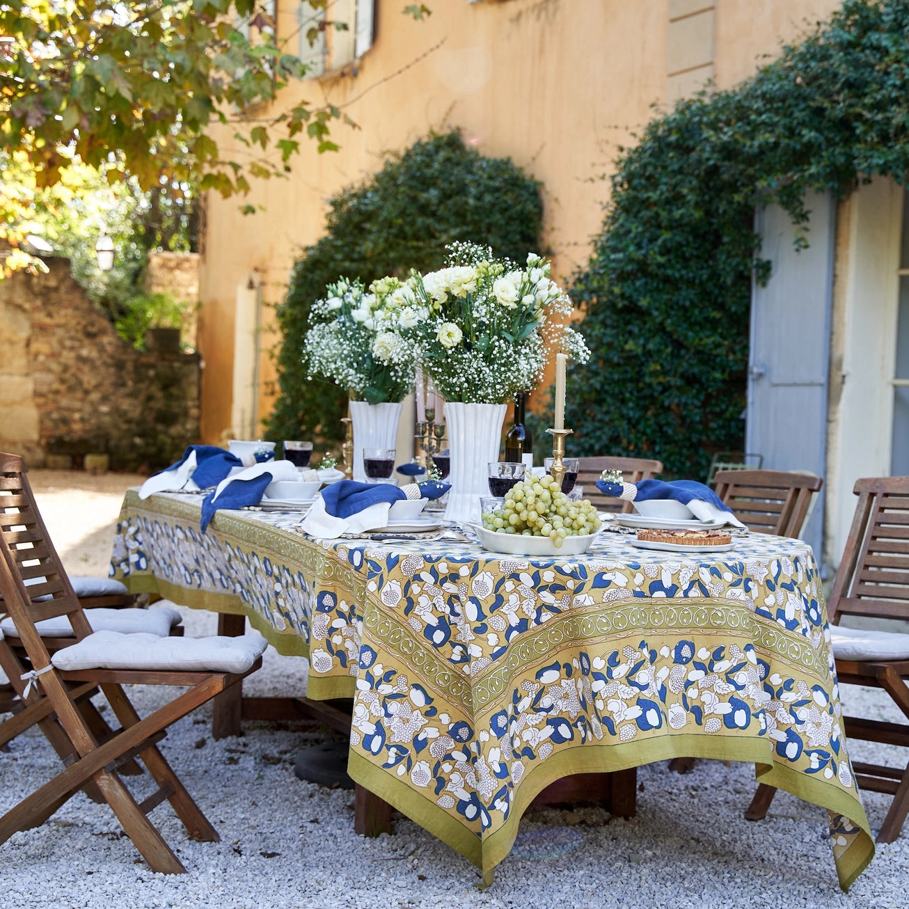 Forest Harvest Mustard & Blue French Tablecloth