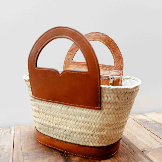 Palm Basket with Leather Handles