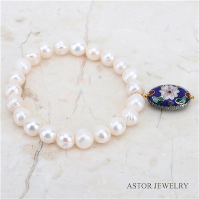 Pearl Bracelet with Blue Cloisonne Beads