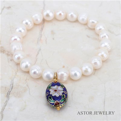 Pearl Bracelet with Blue Cloisonne Beads