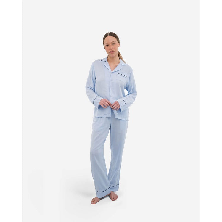 Long PJ Woven Cotton Set - Light Blue